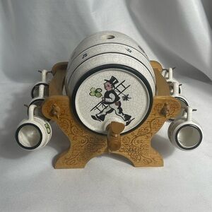 Vintage Handarbeit Whiskey German Ceramic Decanter, Wood Stand, 6 Cups, Barware